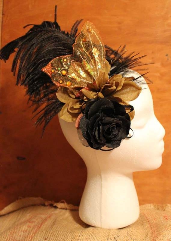 Black Feather, Bronze Butterfly & Rose Fascinator